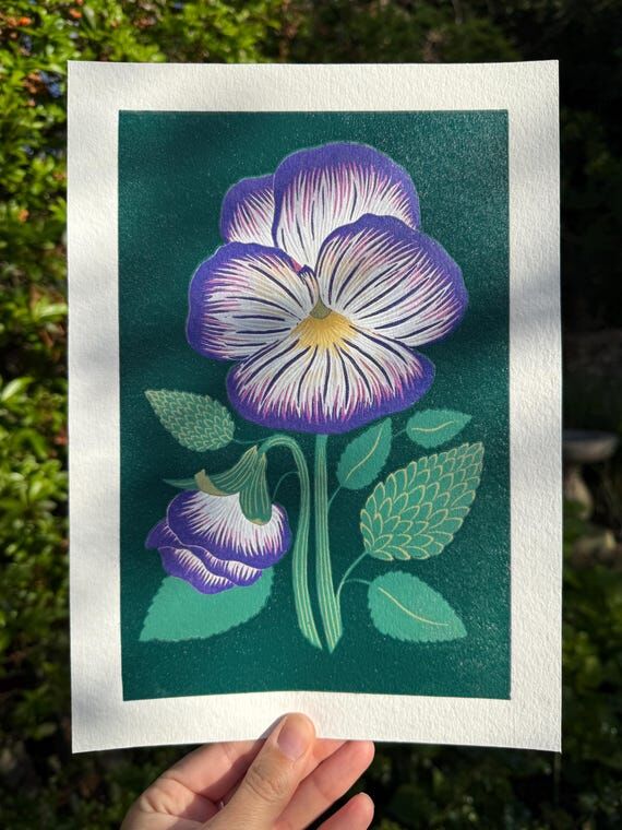 Viola (in Blue) - original handmade linocut r...