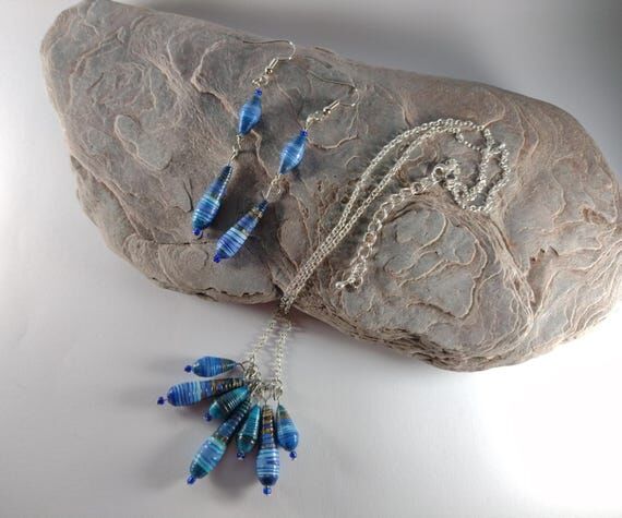 Recycled Paper Bead Necklace and Earring Set:...