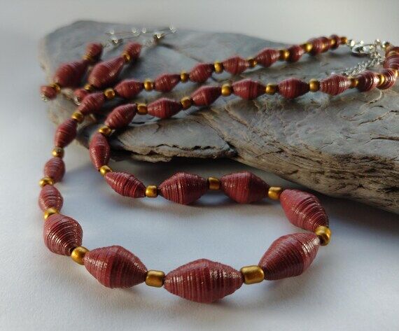 Handmade Rolled Paper Bead Necklace and Earri...