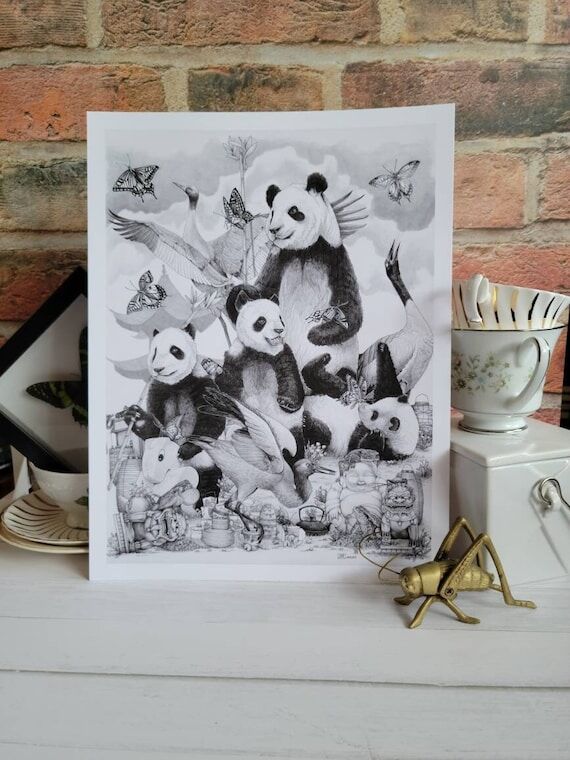 Panda Bears Art Print 9x12: Woodland Creature...