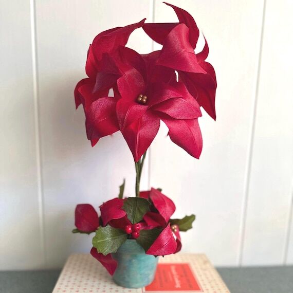 Handmade Paper Poinsettia and Holly Topiary ...