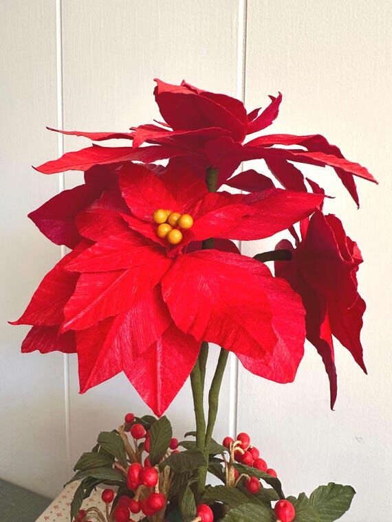 Handmade Paper Poinsettia with Checkerberries...