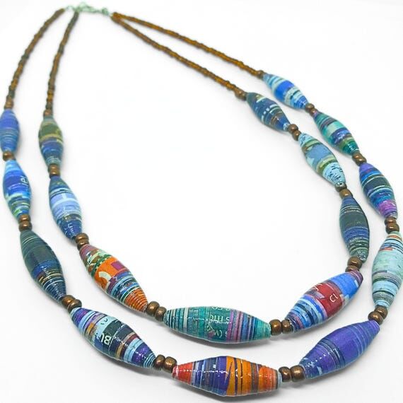 Chunky Two-Strand Paper Bead Necklace, Handma...