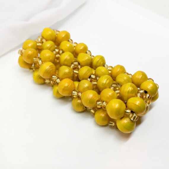 Golden Yellow Paper Bead Cuff Bracelet; Handm...