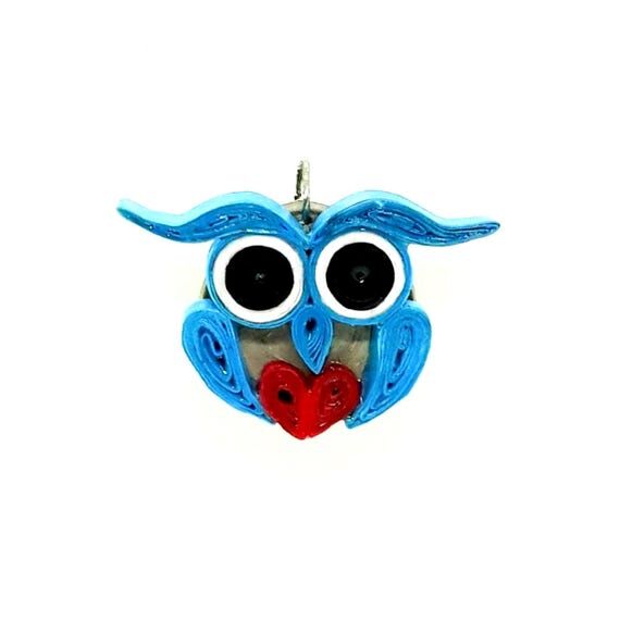 Paper Quilled Owl Pendant; Brown and Blue Own...