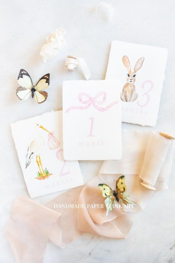 Watercolor Bow, Bunny, Stork Handmade Paper o...