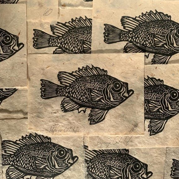 Lino print Popeye Catalufa fish on handmade p...