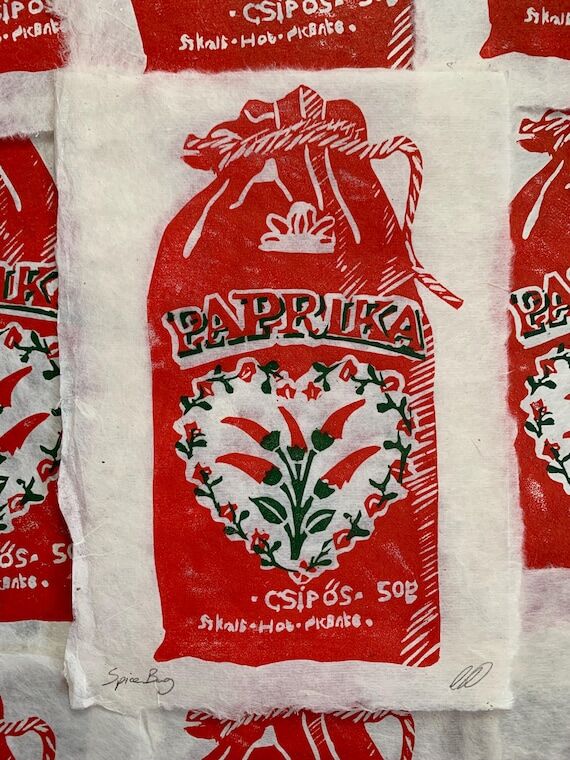 Lino print Paprika spice bag A5 on handmade p...
