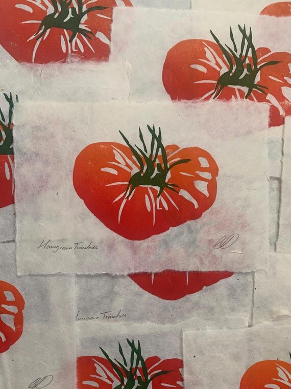 Lino print Tomato on handmade paper - A6...