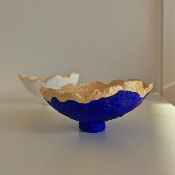 Handmade Paper Mache Bowl: Gold & Blue Organi...