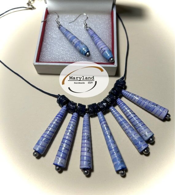 Handmade Blue Paper Bead Necklace and Earring...