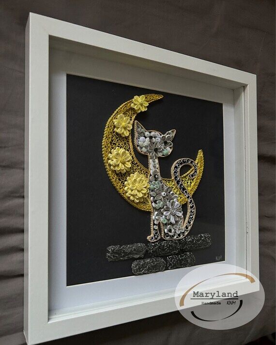 Handmade Paper Quilling Cat and Moon Wall Dec...