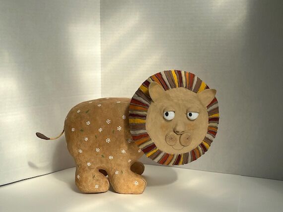Handmade Paper Mache Lion Sculpture, Colorful...