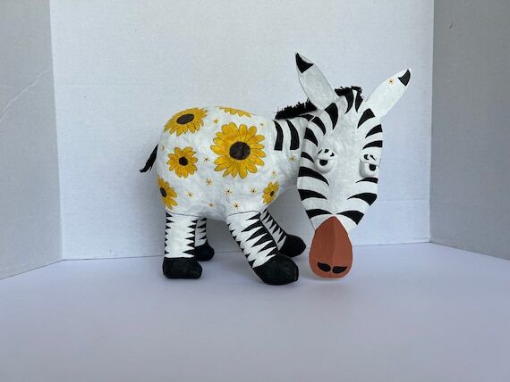 Handmade Paper Mache Zebra with Sunflowers, K...