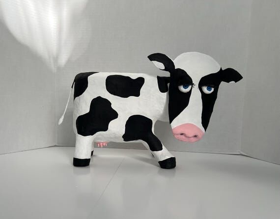 Handmade Paper Mache Cow Sculpture, Kids Room...