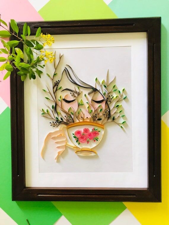 Handmade Tea Cup Quilling Paper Wall Art, Flo...