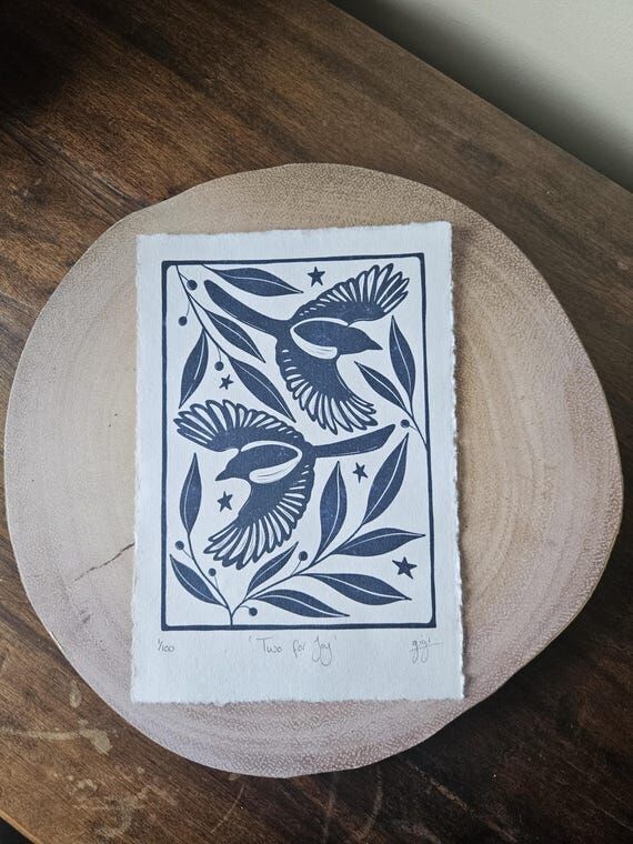 Magpie Lino Cut Art Print: Signed Limited Edi...