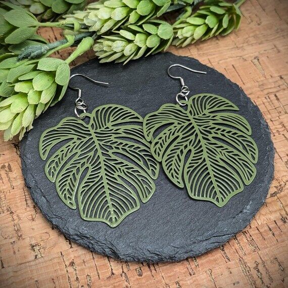 Green Monstera Leaf Statement Earrings – Na...