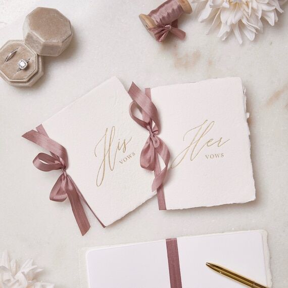 Handmade Paper Vow Books with Gold Foil and R...