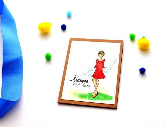 Hand Stamped Girl in Red Dress Card: Teen Bir...