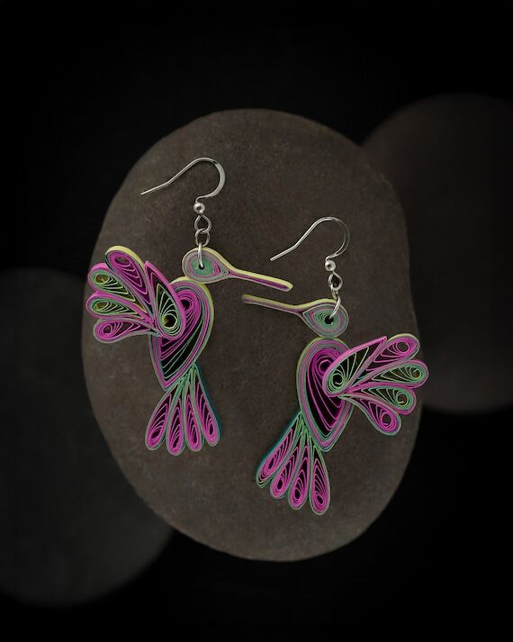 Quilled Hummingbird Earrings – Pink Green P...