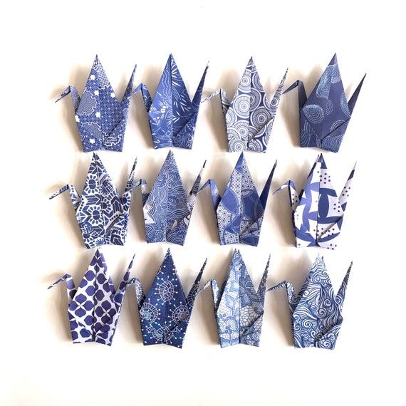 12 Large Blue and White Origami Cranes: Handm...