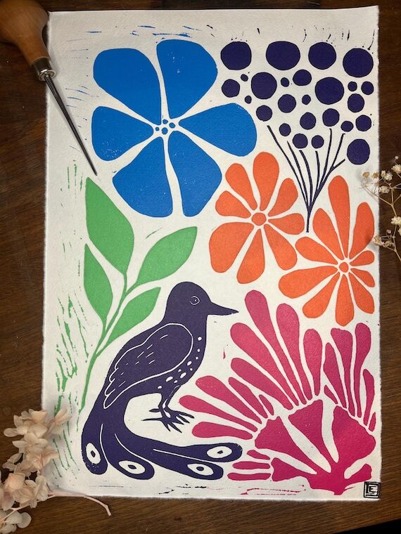 Bird and Colors | Handmade multicolored linoc...