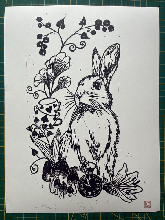 No Time Rabbit | Handmade linocut | Alice in ...