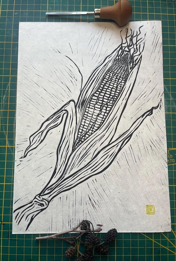 corn | handmade lino print | Nature motif | A...