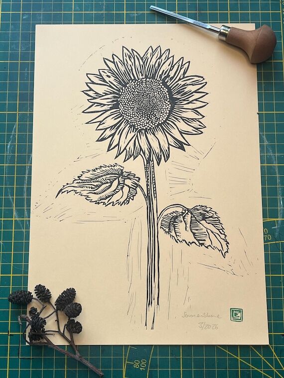 Sunflower | Handmade linocut print | Nature m...