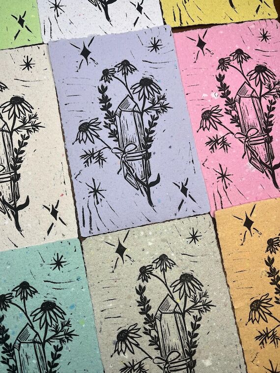 Crystal Thyme Chamomile | Mini linocut on han...