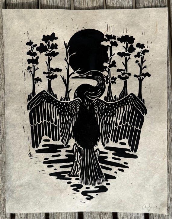Anhinga | Handmade Linocut Print on 8x10” l...
