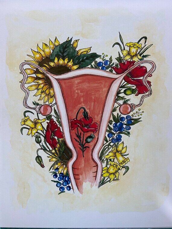 Watercolor uterus surrounded by flowers print...