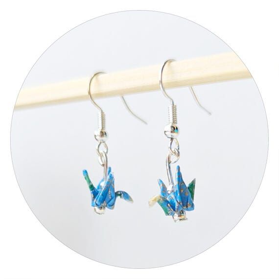 Origami Crane Drop Earrings: Handmade Blue Pa...