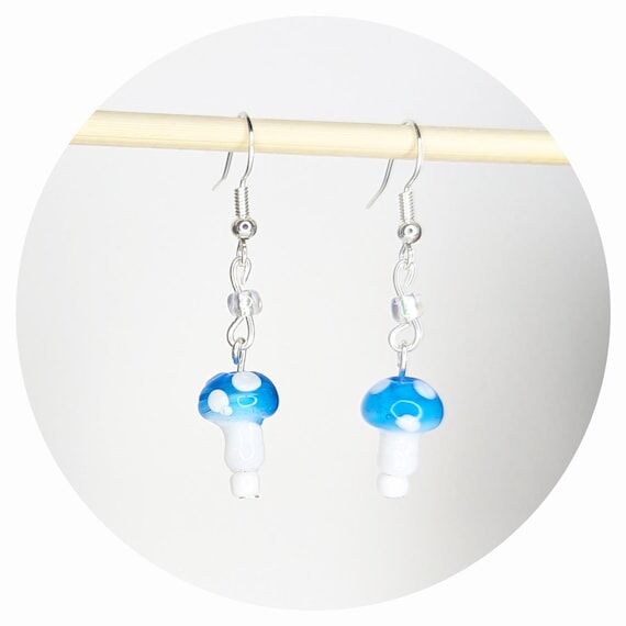 Sky Blue Glass Mushroom Earrings: Sterling Si...