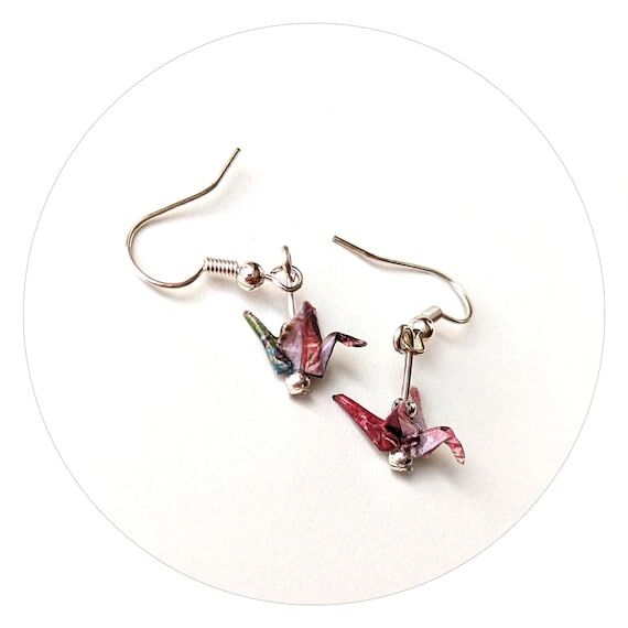 Maroon Origami Crane Earrings: Silver Drop, H...