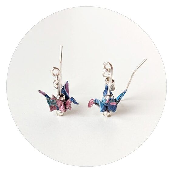 Navy Floral Origami Crane Earrings: Silver Dr...