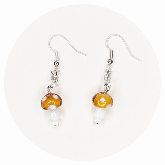 Mustard Yellow Glass Mushroom Earrings: Sterl...