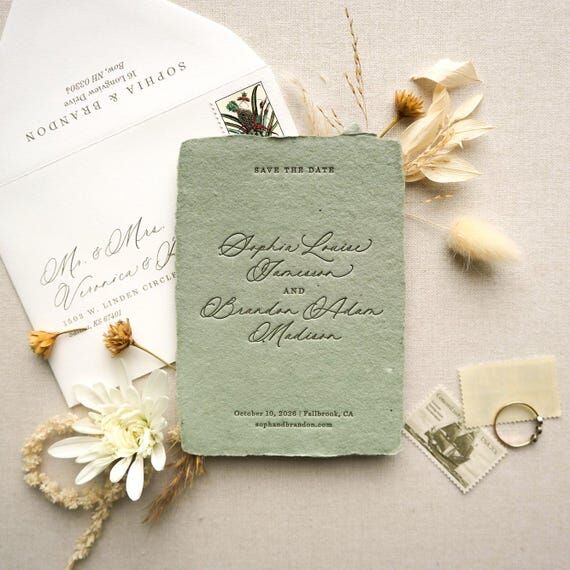 Mini Letterpress Save the Date | Sage Green S...