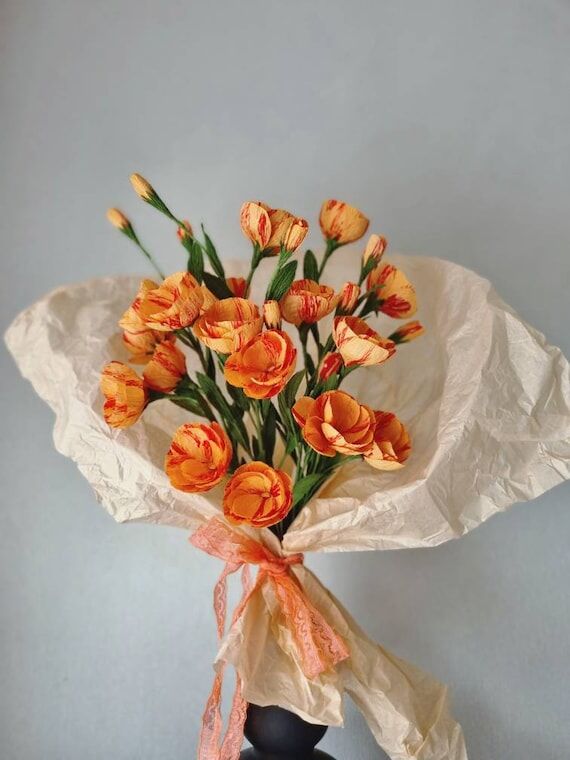 Handmade Crepe Paper Flower Bouquet, Orange F...
