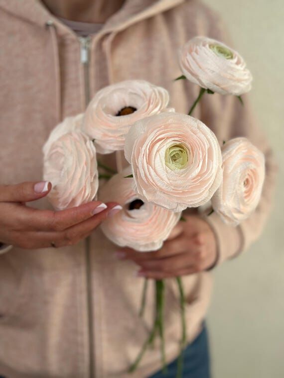 Handmade Blush Crepe Paper Ranunculus Bouquet...