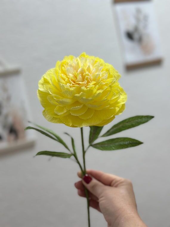 Yellow Paper Peony Stem, Handmade Crepe Paper...