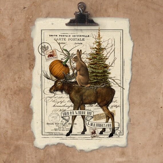 Artisan Moose And Rabbit Handmade Paper Print...