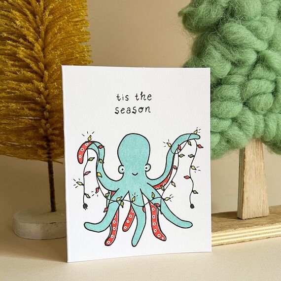 Letterpress Christmas Octopus Holiday Card...