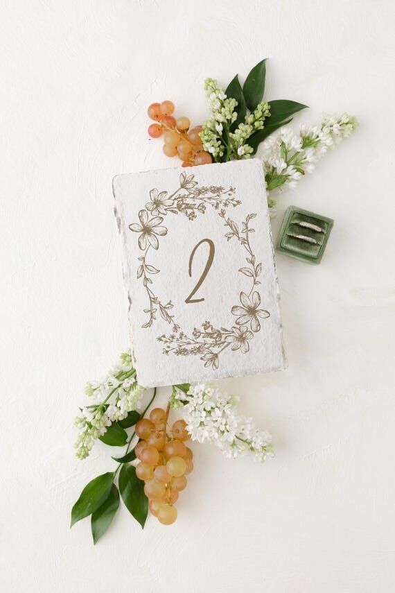 Taupe Neutral Floral Wreathe Table Numbers on...