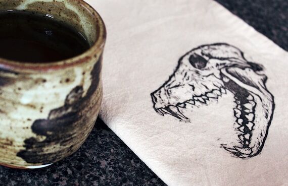 Handmade Canine Skull Tea Towel - Block Print...