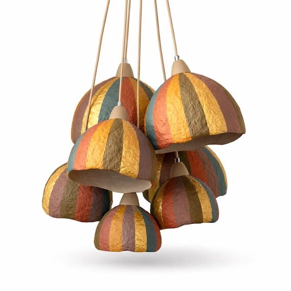 Handmade Striped Paper Mache Pendant Light: B...