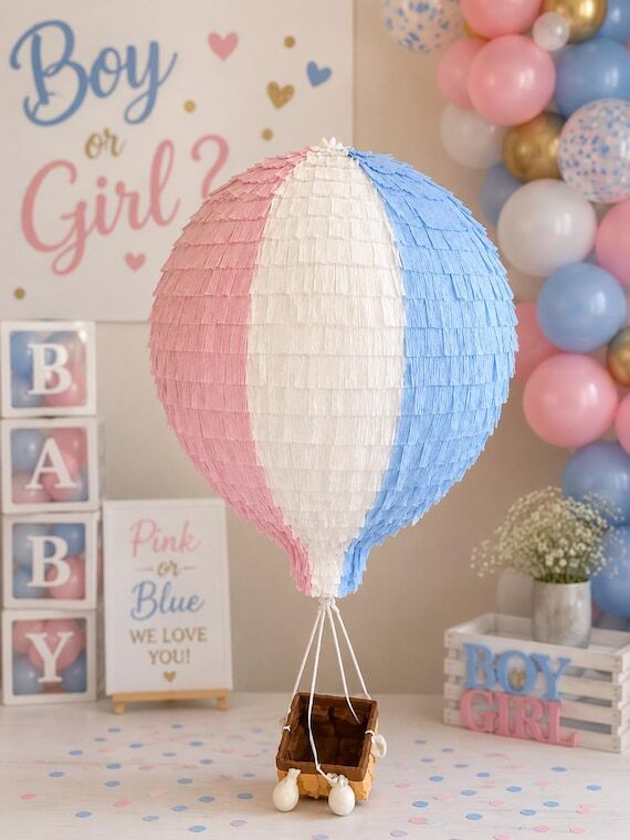 Gender Reveal Hot Air Balloon Piñata with Ba...