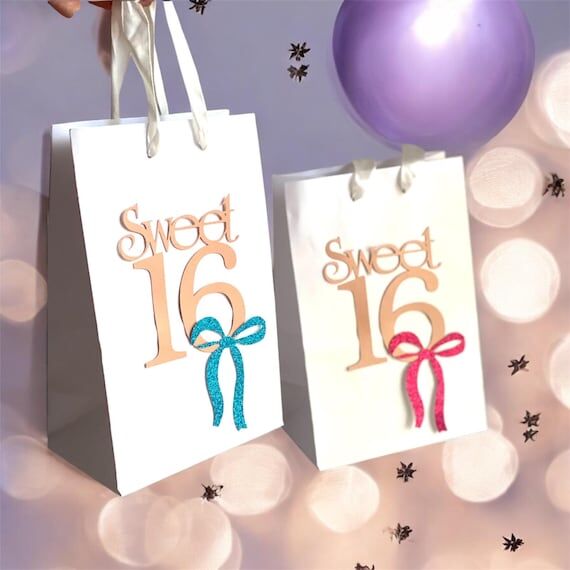 Sweet 16 Favor Bags: Rose Gold & Glitter Bow ...