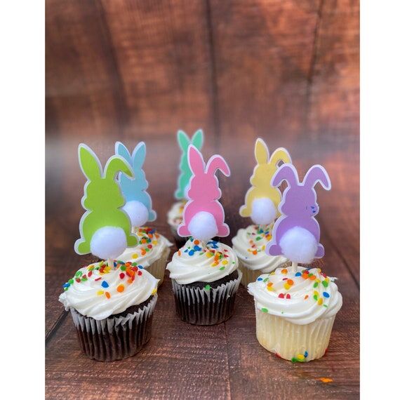 Easter Bunny Cupcake Toppers, Handmade Cardst...